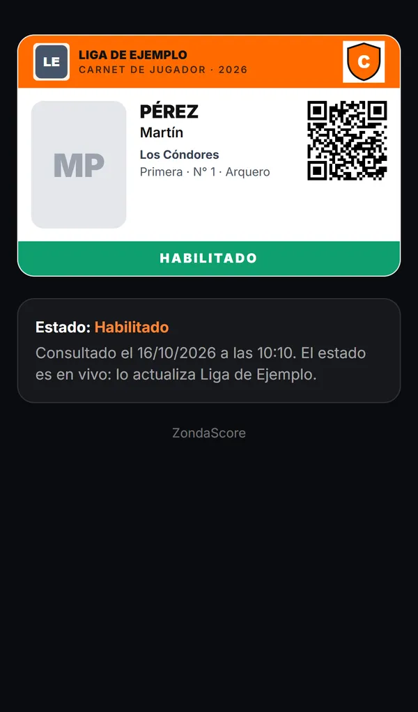 Captura de un carnet digital de jugador con código QR, habilitado para jugar