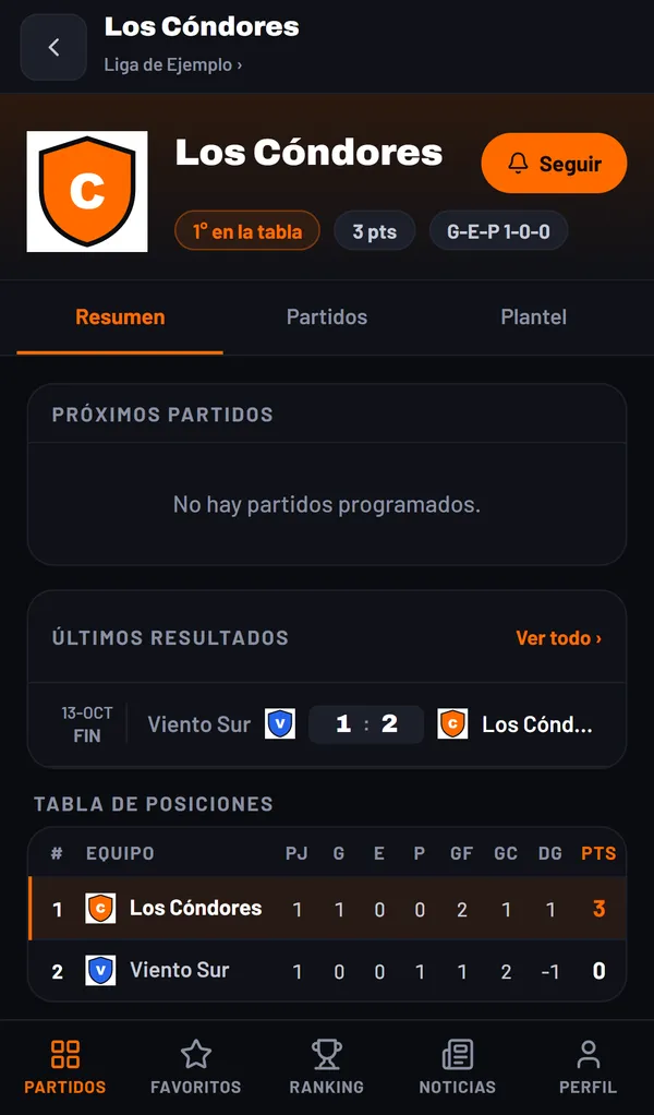Captura de la app: la página de un club, con sus resultados y la tabla