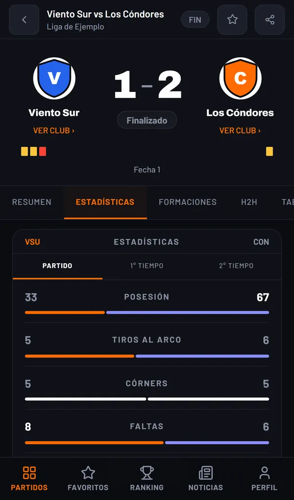 Captura de la app: un partido terminado con sus estadísticas