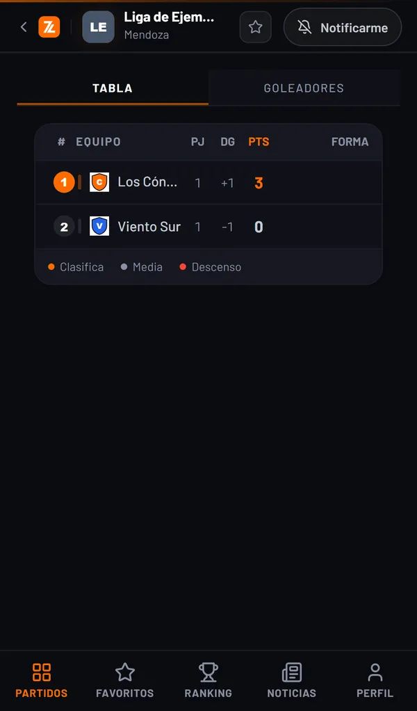 Captura de la app: la tabla de posiciones de una liga